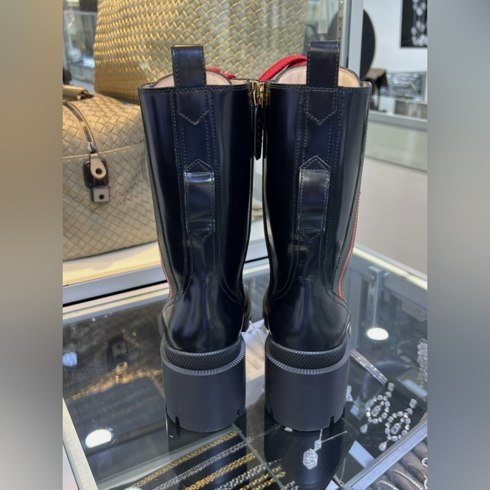 New GUCCI Black Leather Sylvie Web Stripe Lace Up Combat Boots Size 36.5 - Picture 3 of 13